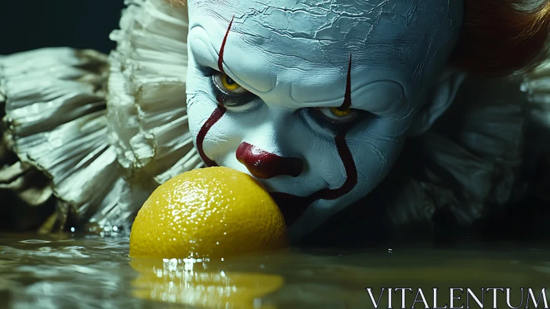 Clown face in water bites orange with intense direct stare