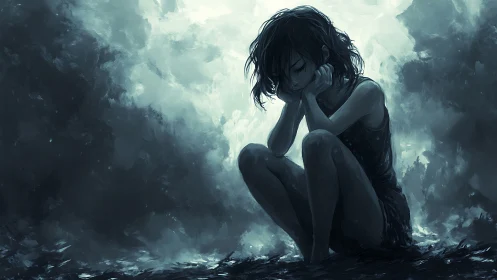 Solitary girl sitting in dim, misty abstract landscape.