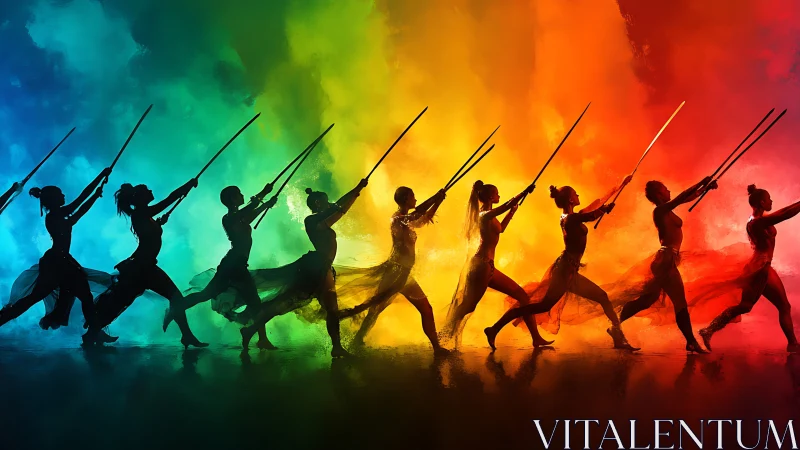 Silhouetted sword dancers against radiant color spectrum backdrop.