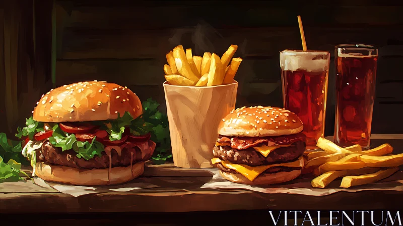 Burger duo showdown under warm diner lights, fries cheering.