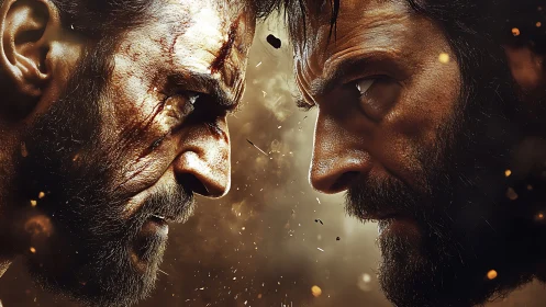 Two Bearded Men Face Confrontation Amid Golden Particle Effects