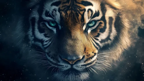 Close frontal view of tiger face with teal illuminated eyes.