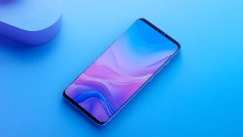 Modern smartphone with abstract screen on blue minimalist background.