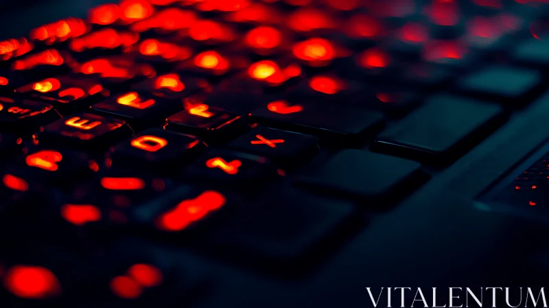 Red backlit keyboard in close-up low light view.