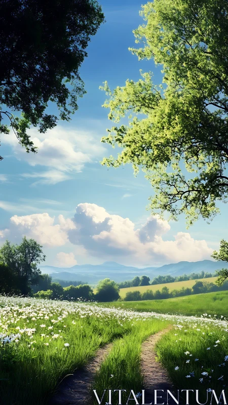 Sunlit country lane winding through wildflower meadows.