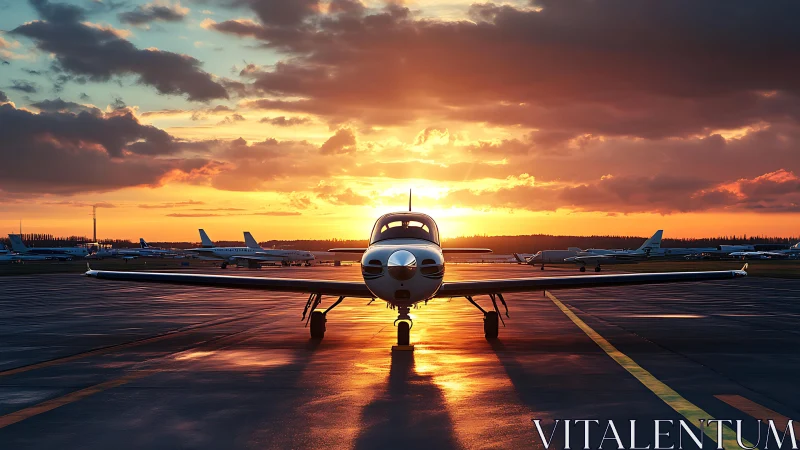Sunlit single-engine aircraft aligned on wet runway at dusk.