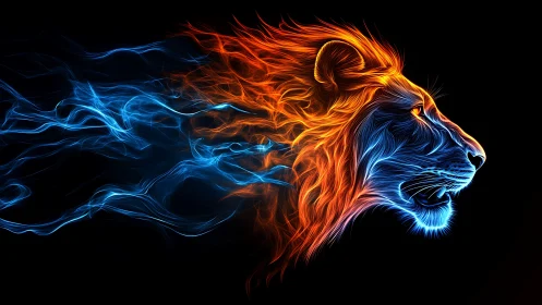 Fiery neon lion profile in blue and orange light lines.