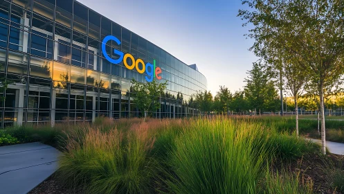 Corporate campus facade with reflective glass and native landscape.