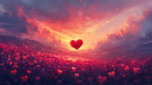 Luminous Heart Form Suspended Against Dramatic Sunset Sky with Particle Hearts