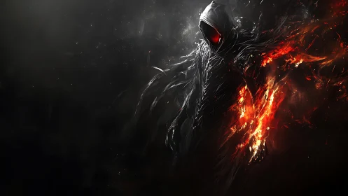 Hooded shadow entity forged in fire and liquid darkness.