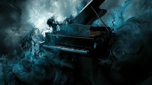 Grand piano emerges from swirling teal ethereal smoke