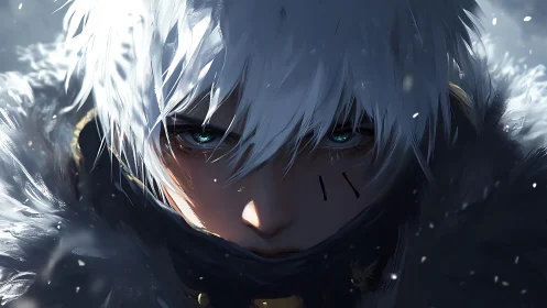 Ice-eyed warrior portrait in storm-lit digital anime style.