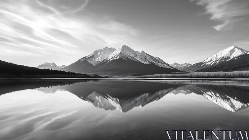 Snowcapped mountain range mirrored in tranquil alpine lake.