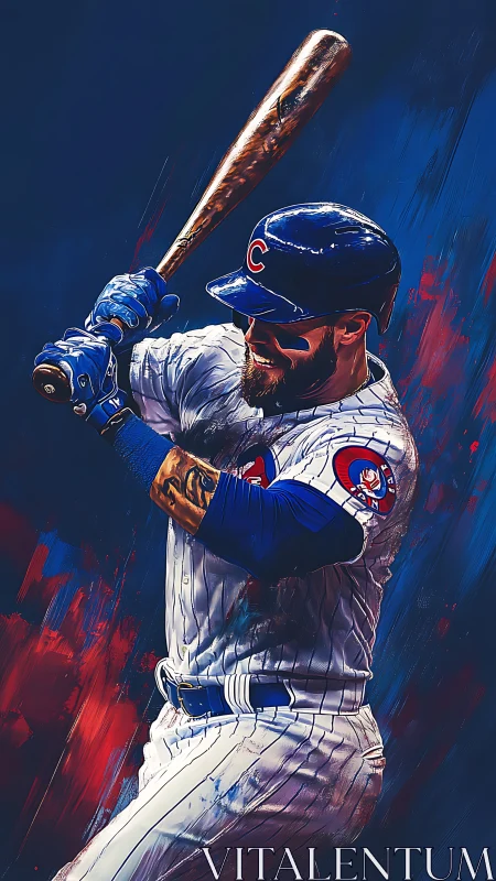 Baseball batter in Cubs uniform ready to swing bat.