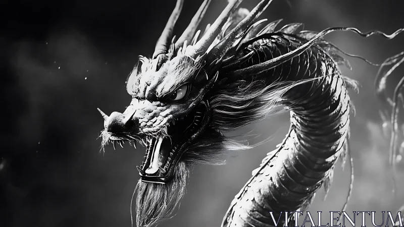 Monochrome serpentine dragon with detailed scaled head.