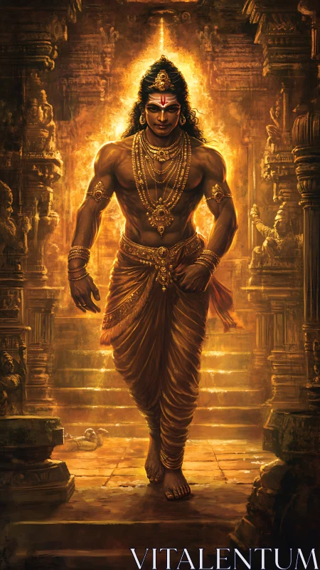 Golden-striding deity storms from the temple’s molten light