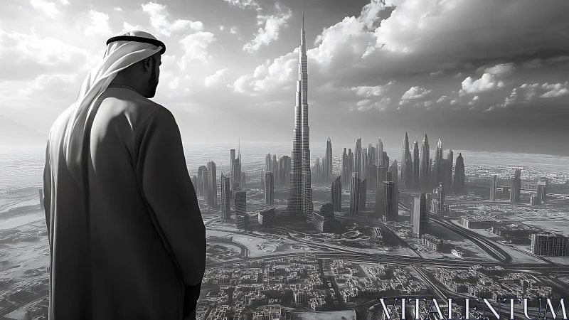 Monochrome Gulf skyline with solitary robed observer overlooking metropolis.