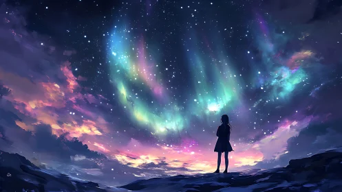 Girl silhouetted under vivid aurora in a dreamlike night sky