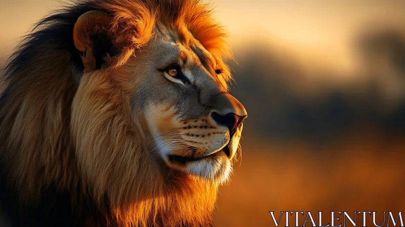 Side profile of male lion in warm sunset backlight.