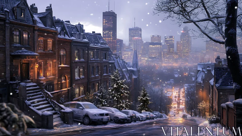 Snow-covered hill street shows warm façades and misty skyline
