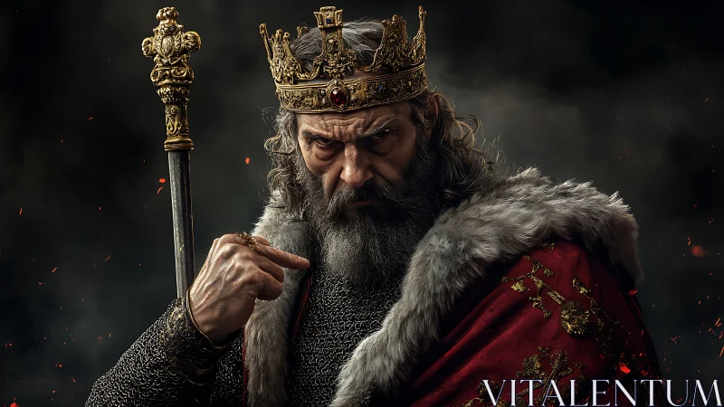 Fierce medieval king in jeweled crown and fur cloak portrait.