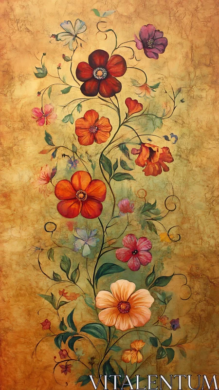 Vertical floral scrollwork unifying warm-toned ornamental wall