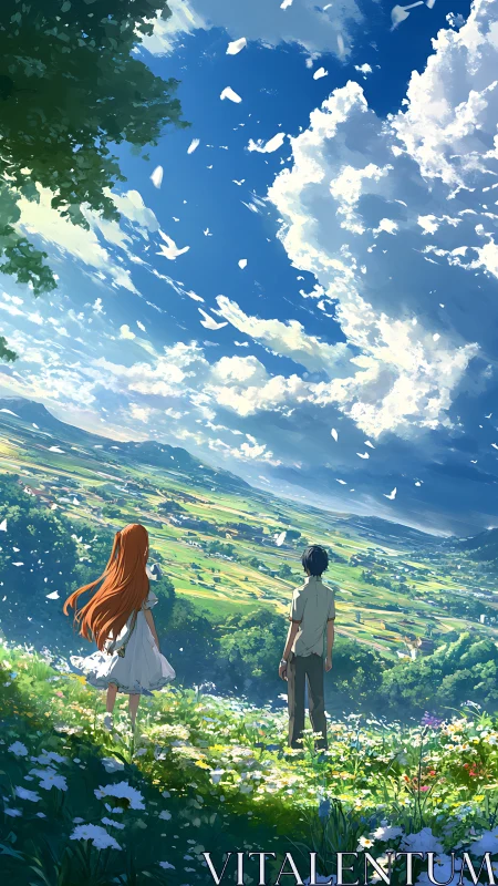 Anime pastoral vista with skyward perspective and floral foreground.