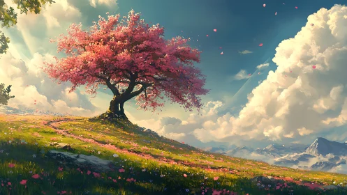 Solitary pink-blossomed tree on inclined grassy meadow.