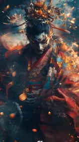 Masked oni warrior descends amid ember-laden ceremonial smoke