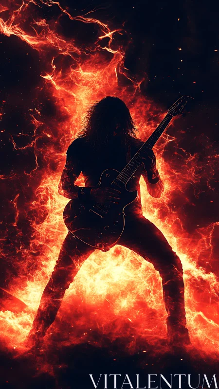 Flaming guitarist silhouette erupts in blazing inferno of sound.