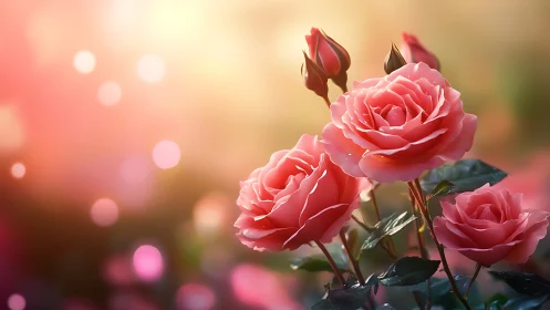Pink Garden Roses with Buds in Soft Backlit Setting
