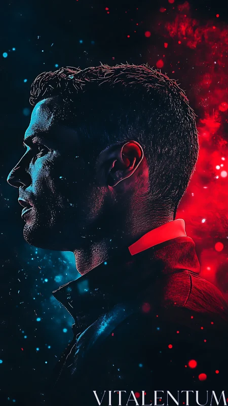 Male profile glows against split red and blue nebula background