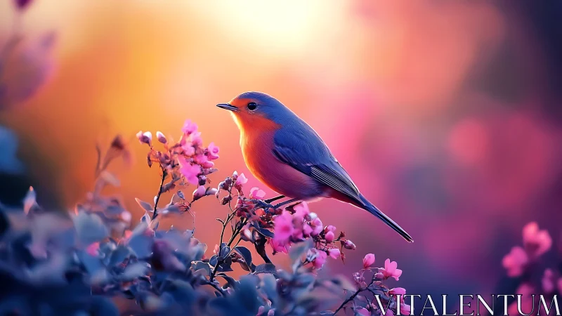 Vibrant Robin on Blossoming Branch in Dreamy Sunset Style.