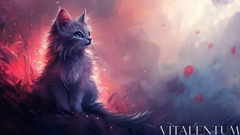Ethereal Blue Cat in Neon Pink and Red Aurora.