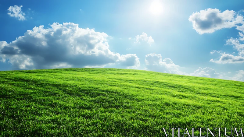 Sunlit green hillside under deep blue sky with clouds.