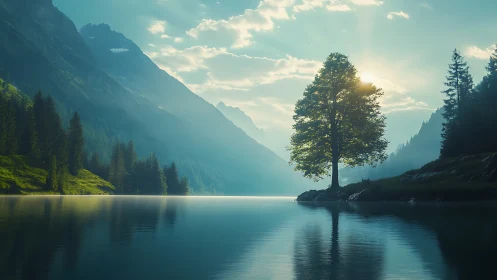 Solitary lakeside tree stands against backlit mountain valley