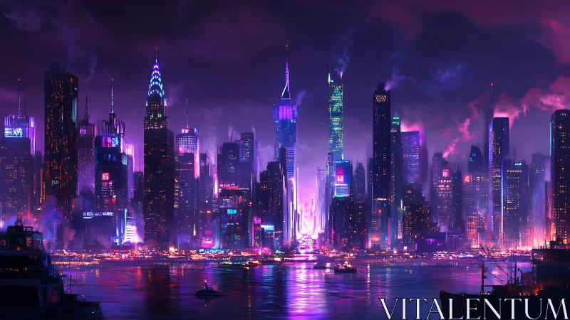 Neon-soaked future skyline over reflective harbor waters.