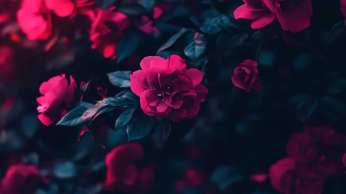 Vivid Crimson Roses Bloom Against Deep Teal Shadows.