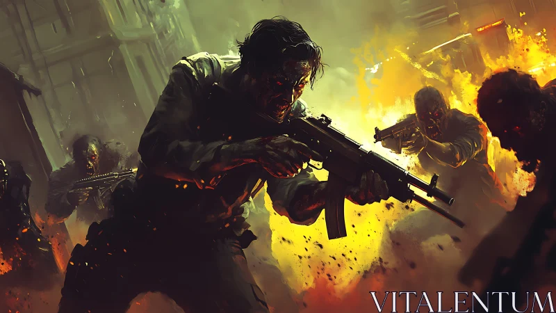 Armed soldiers advance through burning urban chaos.