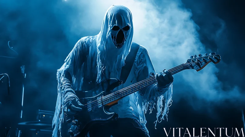 Ghostly rock guitarist onstage in moody blue concert haze.