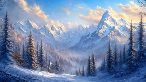 Sunlit alpine mountains rise over misted winter valley.