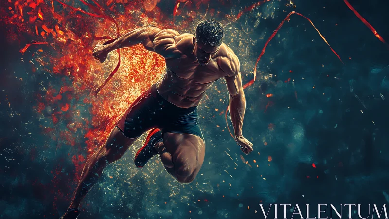 Muscular sprinter bursts through abstract fiery energy field