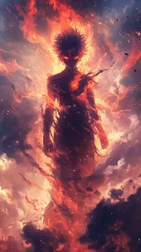 Fiery elemental figure emerges from swirling inferno clouds.