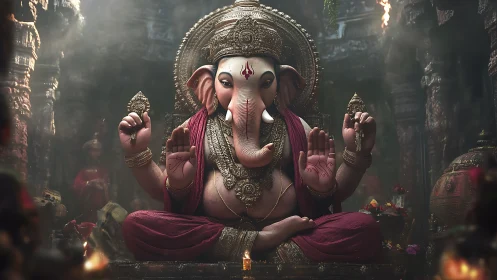 Majestic Ganesha in incense-lit temple of quiet thunder.