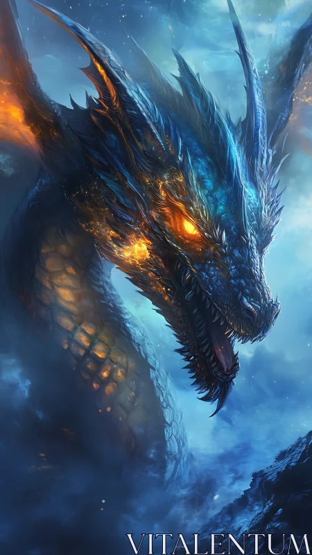 Armored blue fire dragon roars through swirling icy mist