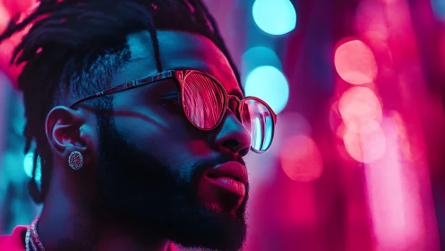 Neon portrait shows reflective sunglasses under cyberpunk glow