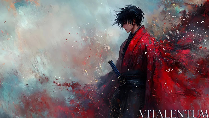 Solitary swordsman in crimson robe dissolves into storm