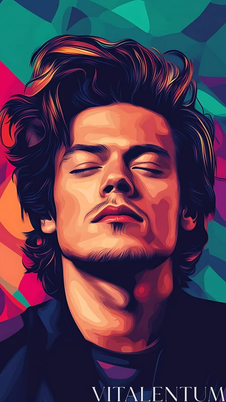Stylized male portrait with closed eyes on abstract backdrop.