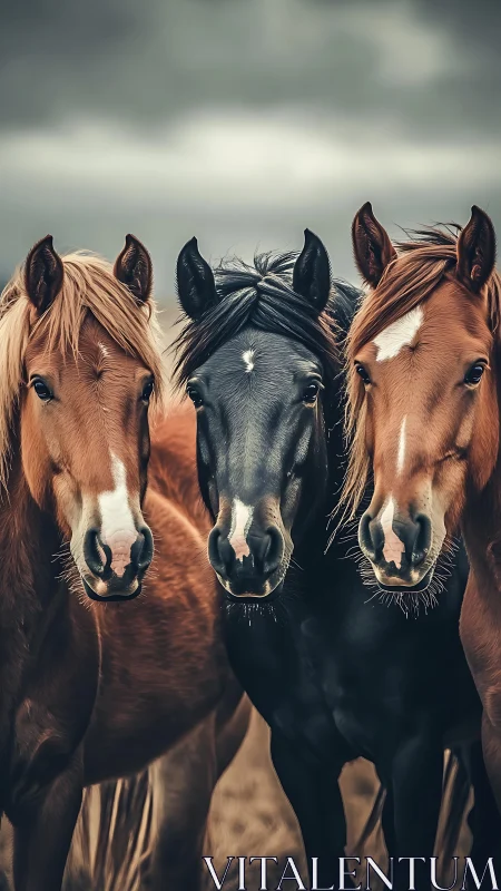 Three horses in tight portrait under stormy sky.