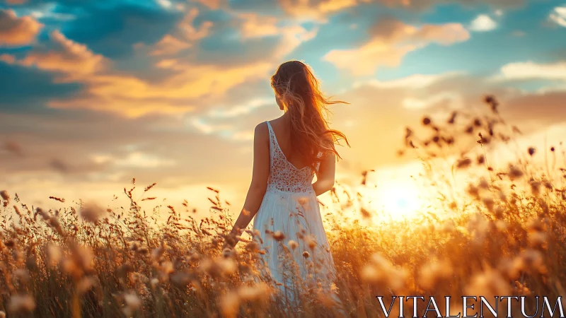 Woman in white dress walking through sunset meadow field.